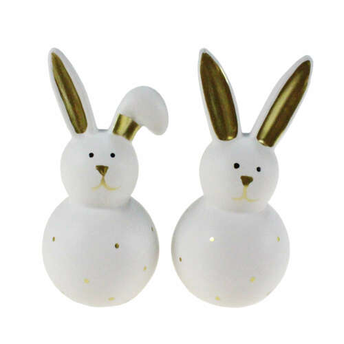Set 2 Hasen Keramik wei� gold 11,3x5,5x5,5cm Osterhase Ostern Fr�hling Figur