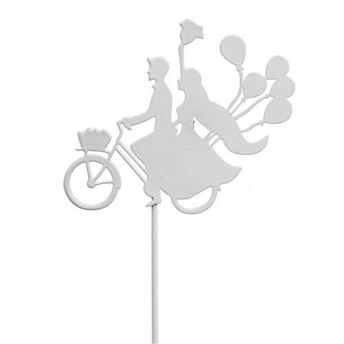Stecker Brautpaar auf Fahrrad Metall wei� L32cm Hochzeitspaar Figur 9x8cm Geschenk