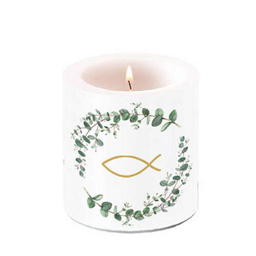 Kerze 87x75mm Zweige Fisch Eukalyptus Kommunion Konfirmation Tischdekoration Stumpenkerze