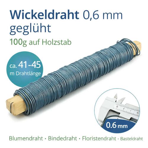 Wickeldraht gegl�ht 0,6 mm auf Holzstab Blumendraht Bindedraht Floristendraht