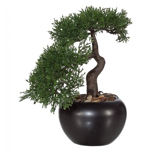 Bonsai Zeder Kunstpflanze 25 cm in schwarzem Keramiktopf mit Kies