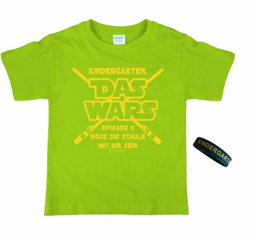 Schulanfang T-Shirt DAS WARS Gr�n mit Silikon-Armband f�r Kinder 