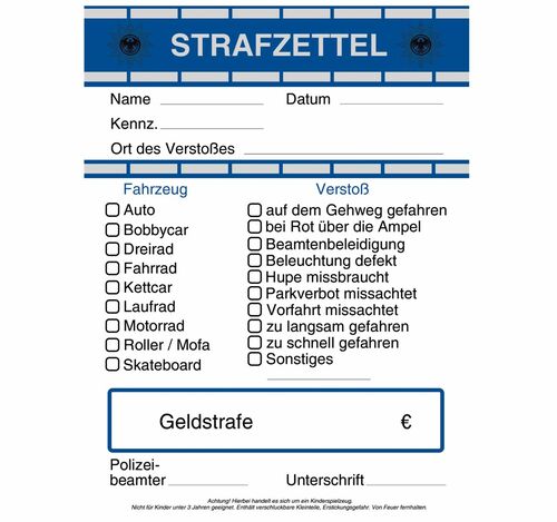 Spielzeug Polizei Strafzettel f�r Kinder, Kost�m Zubeh�r