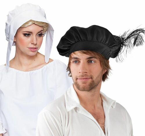 Mittelalter M�tzen-Set Haube wei� & Barett schwarz Mittelalter-Mode f�r Erwachsene