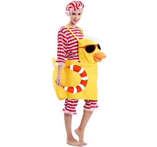Retro Badeanzug Kost�m rot-wei� gestreift mit Badeente f�r Damen
