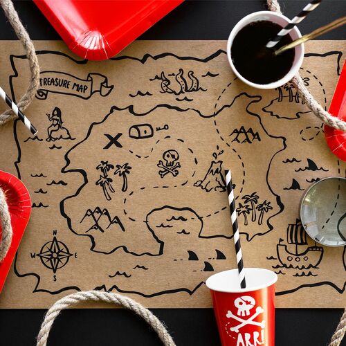 Piraten Platz-Set 40 x 30 cm Schatzkarte Party-Deko Kindergeburtstag, 6 St�ck