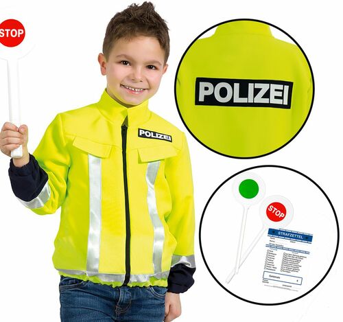 Polizei Kostüm für Kinder Neon-Jacke mit Aufschrift Polizei inkl. Kelle und  Strafzettel