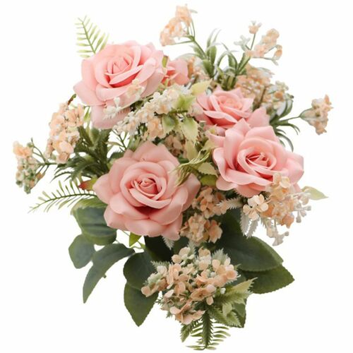 Kunstblumen Rosenstrau� 5 Rosen rosa mit Blattgr�n 40,5 cm Hochzeit Deko