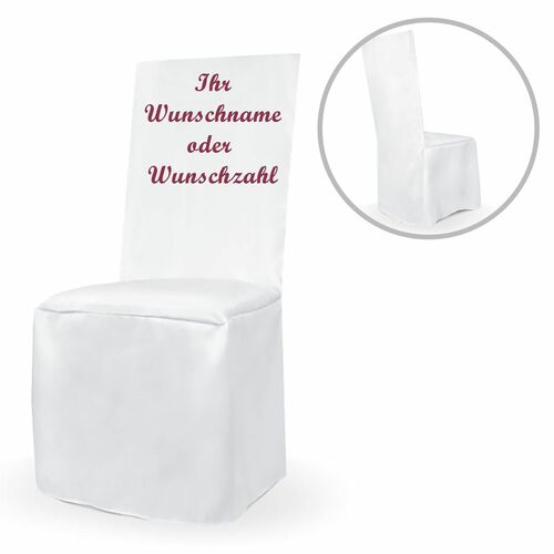 Personalisierte Stuhlhusse wei� universell mit individuellem Druck Geburtstag Hochzeit
