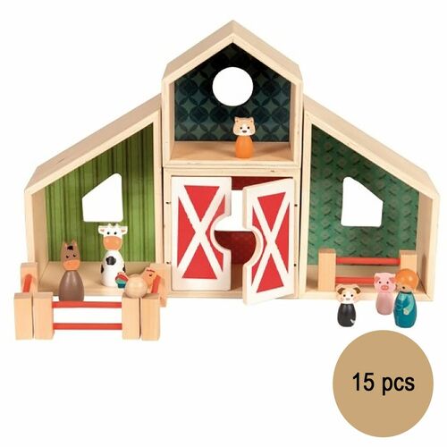 Spielzeug Holz Bauernhof mit Scheune Bauer und Tieren, 15-tlg.