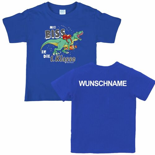 T-Rex T-Shirt blau Schulanfang Mit Biss in die 1. Klasse mit Wunschname
