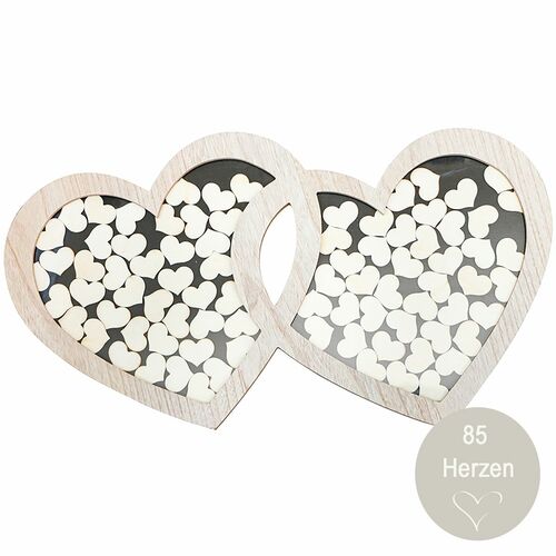 G�stebuch Hochzeit Holz Doppelherz Bilderrahmen mit 85 Herzen zum Beschriften