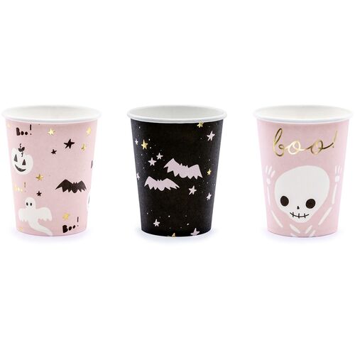 Becher Halloween Boo rosa schwarz 6 St�ck Tisch-Deko Halloween-Party