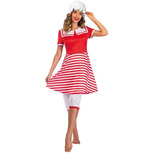 Historischer Badeanzug 20er Kleid rot-wei� gestreift mit Badehaube f�r Damen