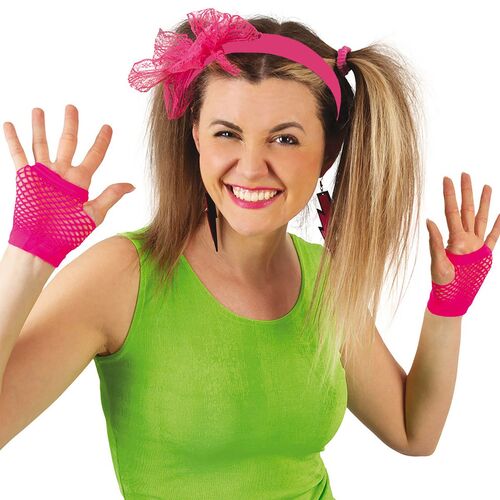 80er Neon-Set 5-tlg. pink Haarreif Handschuhe & Ohrringe f�r Damen