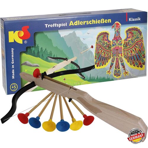 Treffspiel Adlerschie�en Spielzeug aus Holz bunt mit 6 Pfeilen & Armbrust