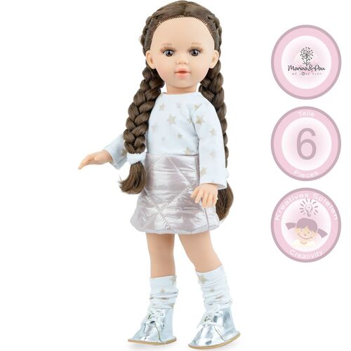 Puppe Linda 40 cm mit braunen geflochtenen Z�pfen und Vinylk�rper f�r Kinder