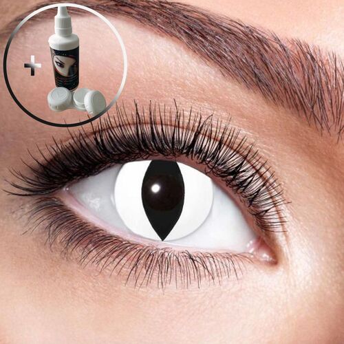 Wei� Schwarze Kontaktlinsen Black Cat weich inkl. 60 ml Kombil�sung mit Beh�lter