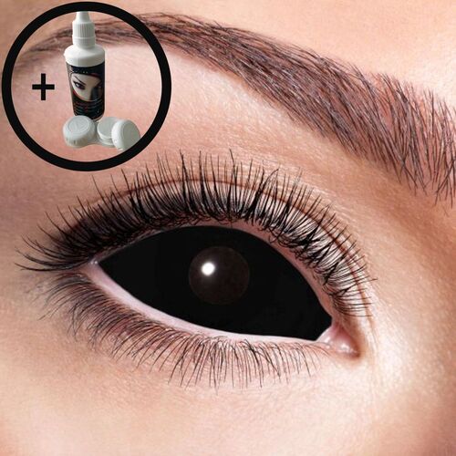 Schwarze Kontaktlinsen Sclera f�r das ganze Auge inkl. 60 ml Kombil�sung mit Beh�lter