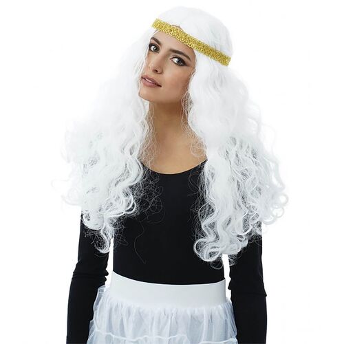 Engel Per�cke Fee Elfe wei�e Langhaar-Per�cke mit Locken und goldenem Stirnband