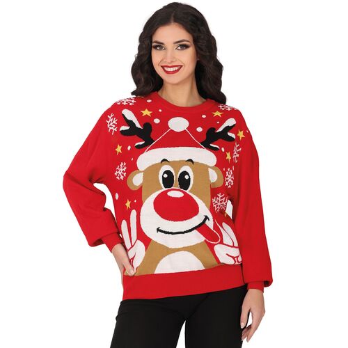 Weihnachtspullover Christmas Sweater Rot mit Rentier Rudolph f�r Damen