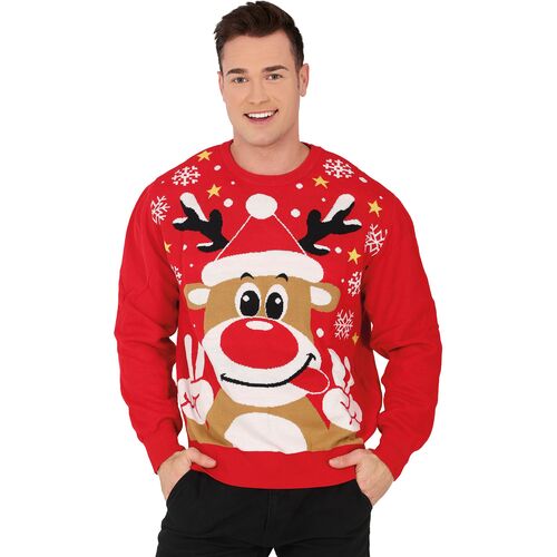 Weihnachtspullover Christmas Sweater Rot mit Rentier Rudolph f�r Herren