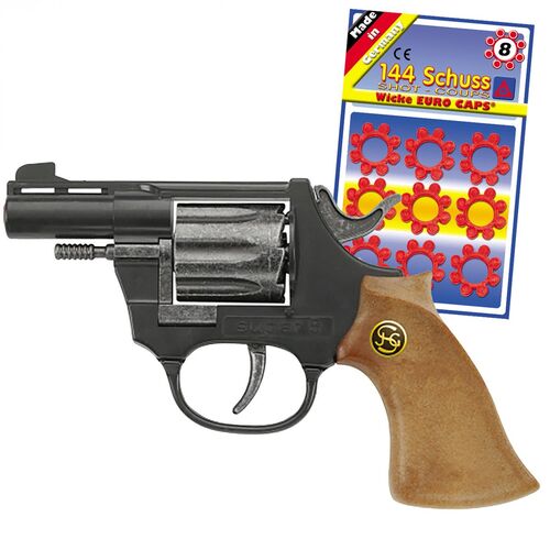 Pistole Super 8 14,5 cm Schwarz Braun mit 144 Schuss Munition Polizei Western