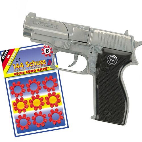 Polizei Pistole Officer 8 Schwarz Silber 15,5 cm inkl. 144 Schuss Munition