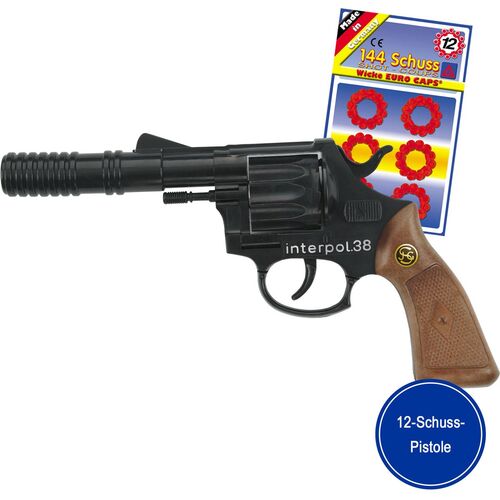 Polizei Pistole Interpol 38 mit Schalld�mpfer 23 cm lang inkl. 144 Schuss