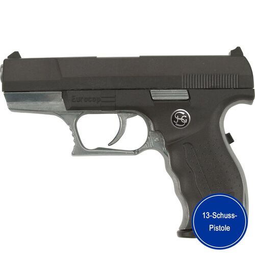 Pistole Eurocop Schwarz Silber 16,5 cm Polizei 13-Schuss-Pistole
