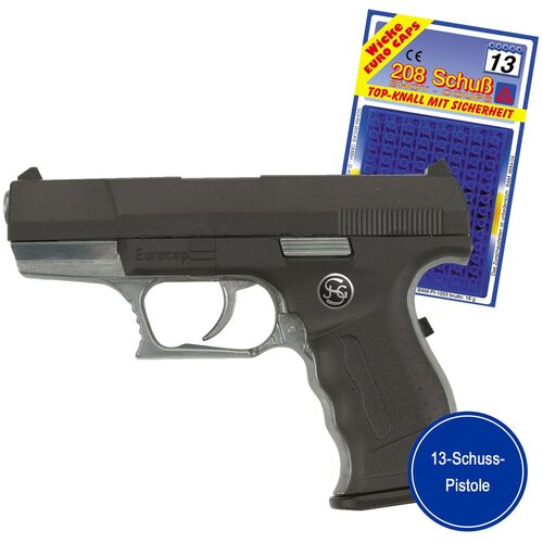 Pistole Eurocop Schwarz Silber 16,5 cm Polizei-Pistole inkl. 208 Schuss 