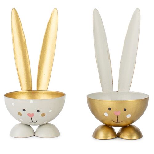 2 Eierbecher Hase Grau & Gold aus Metall Osterhase 10 cm gedeckter Tisch Ostern