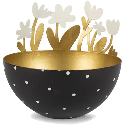Schale aus Metall mit 6 Blumen Schwarz Gold Teelicht Ostern Fr�hling Tisch-Deko