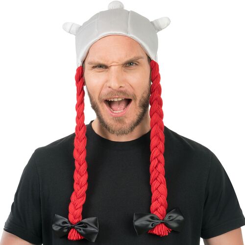 Obelix Helm aus Stoff mit roter geflochtener Zopf-Per�cke f�r Herren