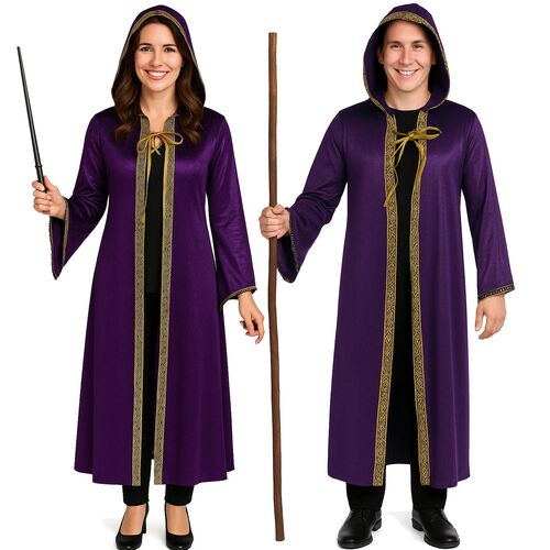Zauberer Kost�m Magic Langer Umhang mit Kapuze Lila Gold f�r Erwachsene