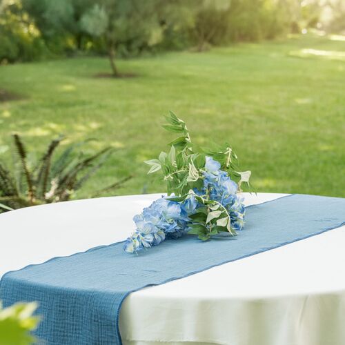 Tischl�ufer Stahlblau mit Waffelmuster 26 x 300 cm aus Baumwolle Tischdeko