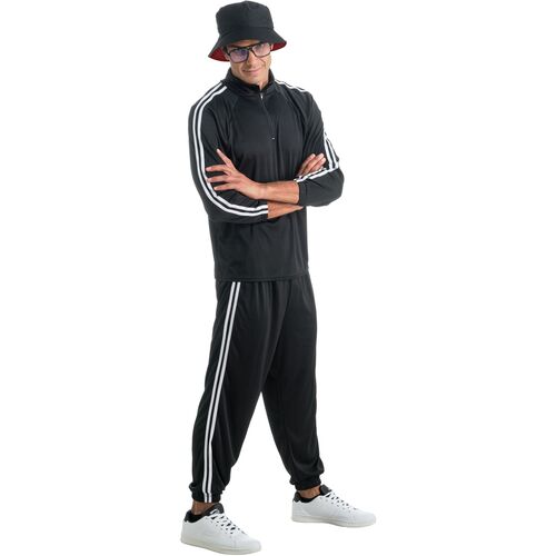 Rapper Kost�m Robbie 90er Jogginganzug Schwarz mit wei�en Streifen f�r Herren