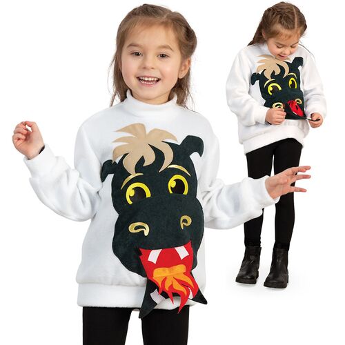 Feuerdrache Pullover Drachen Kost�m mit aufklappbarer Bauchtasche f�r Kinder