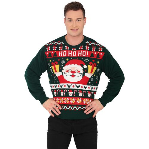 Weihnachtspullover HO HO HO Santa Claus Gr�n mit Rot f�r Herren 