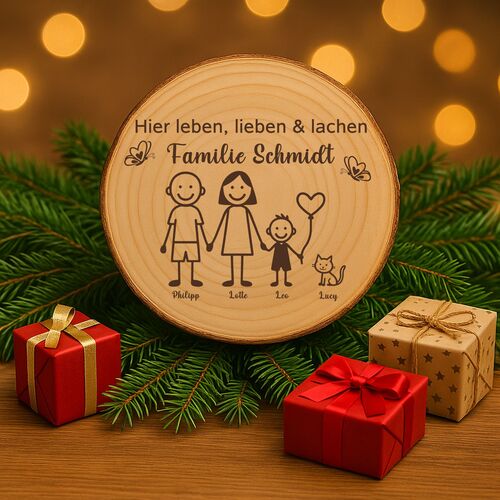 Baumscheibe 30 cm Familie Willkommensschild personalisiert mit 1 Jungen & Katze