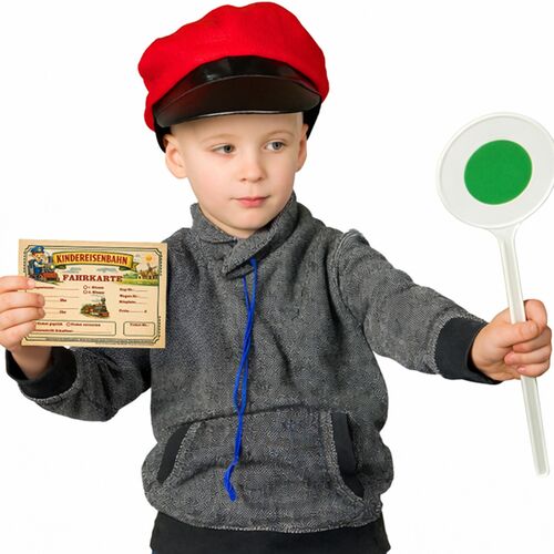 Schaffner Kost�m-Set Lukas M�tze mit Signalkelle & Fahrkartenblock f�r Kinder