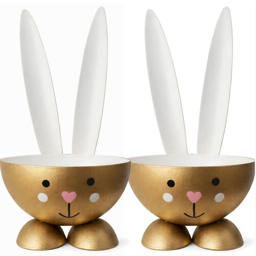 2 Eierbecher Hase Gold aus Metall Osterhase 10 cm gedeckter Tisch Ostern