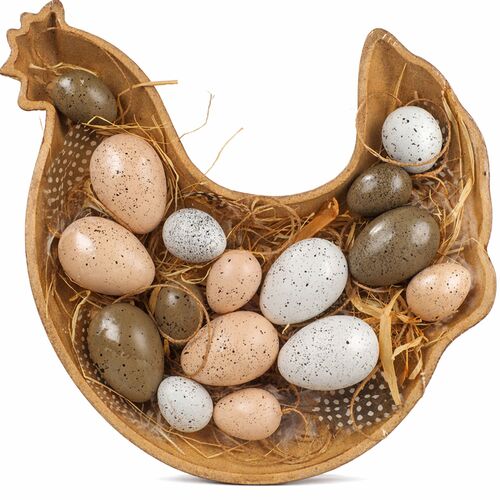 Osterdeko Holzschale Huhn 27 x 30 cm mit 16 Dekoeiern Osternest