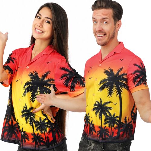 Hawaiihemd f�r Damen & Herren Rot Gelb Palmen Sommer Party Hemd