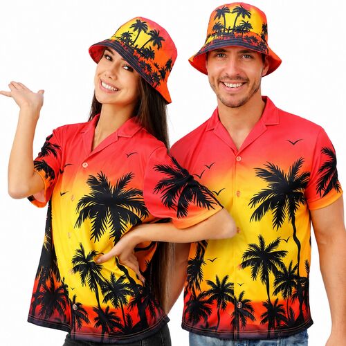Hawaiihemd mit Fischerhut Palmen Sunset f�r Damen & Herren