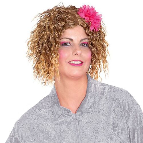 Locken-Per�cke Welliges Haar Hellbraun 33 cm gelockt mit rosa Blume f�r Damen