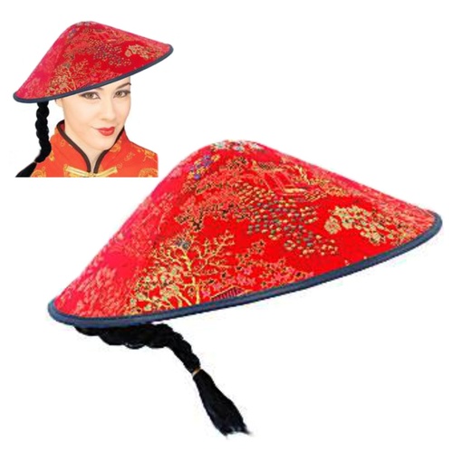 Asiatischer Hut mit Zopf Kopfbedeckung Rot f�r Erwachsene