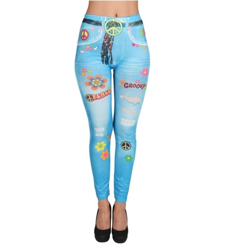 Hippie Leggings 70er Flower Power Hose Blau f�r Damen