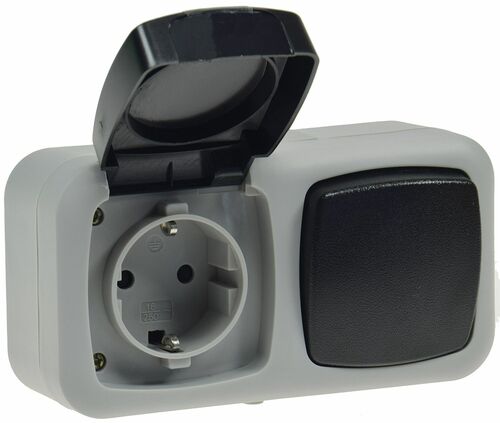 Feuchtraum Kombi-Schalter/Steckdose,IP44 250V~/ 10/16A, grau, AP horizontal