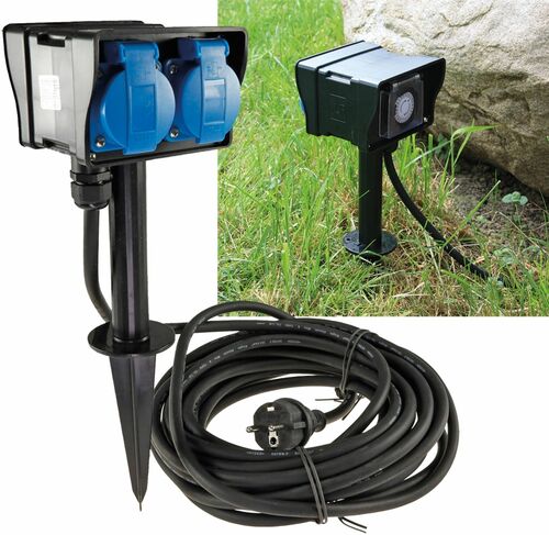 Gartensteckdose mit Erdspie�, 2-fach IP44, 2m Kabel, Zeitschaltuhr